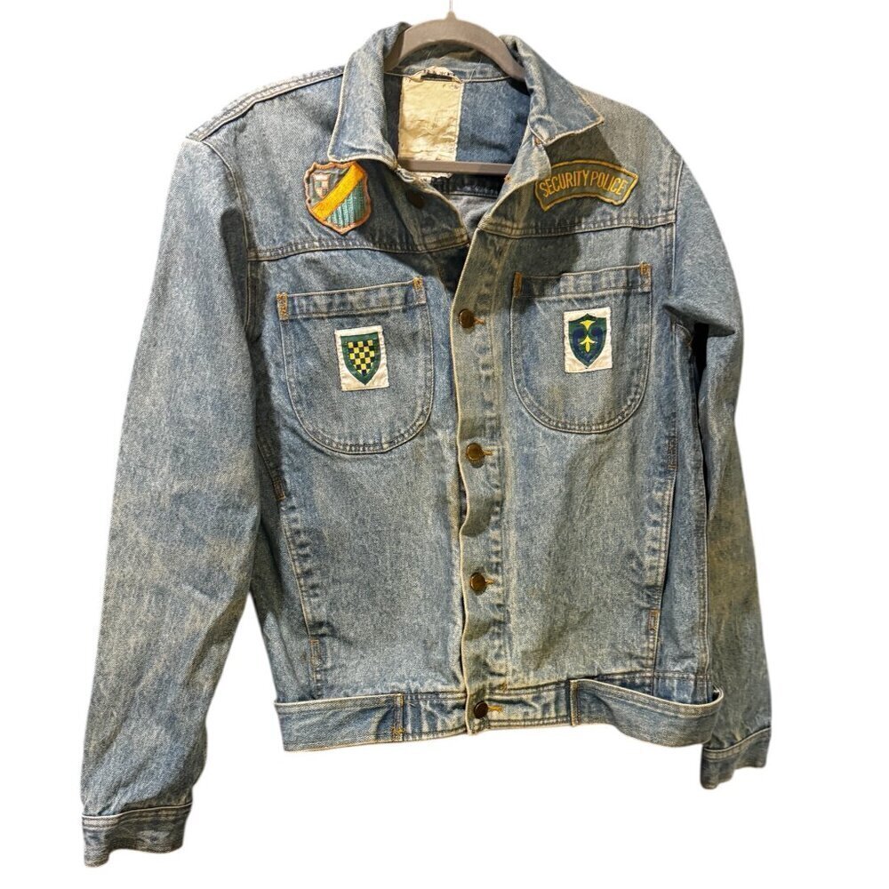 One of a Kind Vintage Denim Jacket with Custom Military Patches | Size S